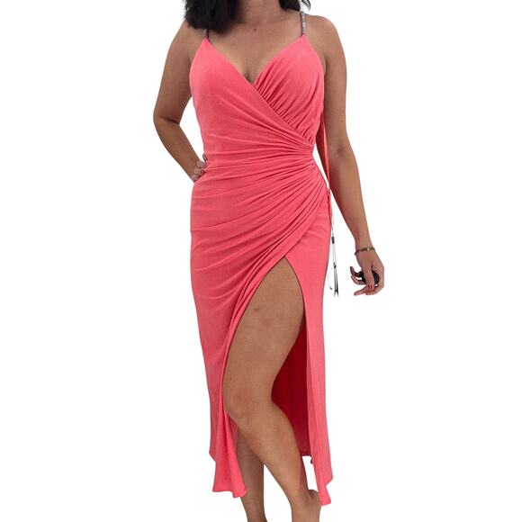 MAC DUGGAL Dress Size 2 Evening Gown Coral NEW Rhinestone Strap Midi Ruching - Picture 8 of 9